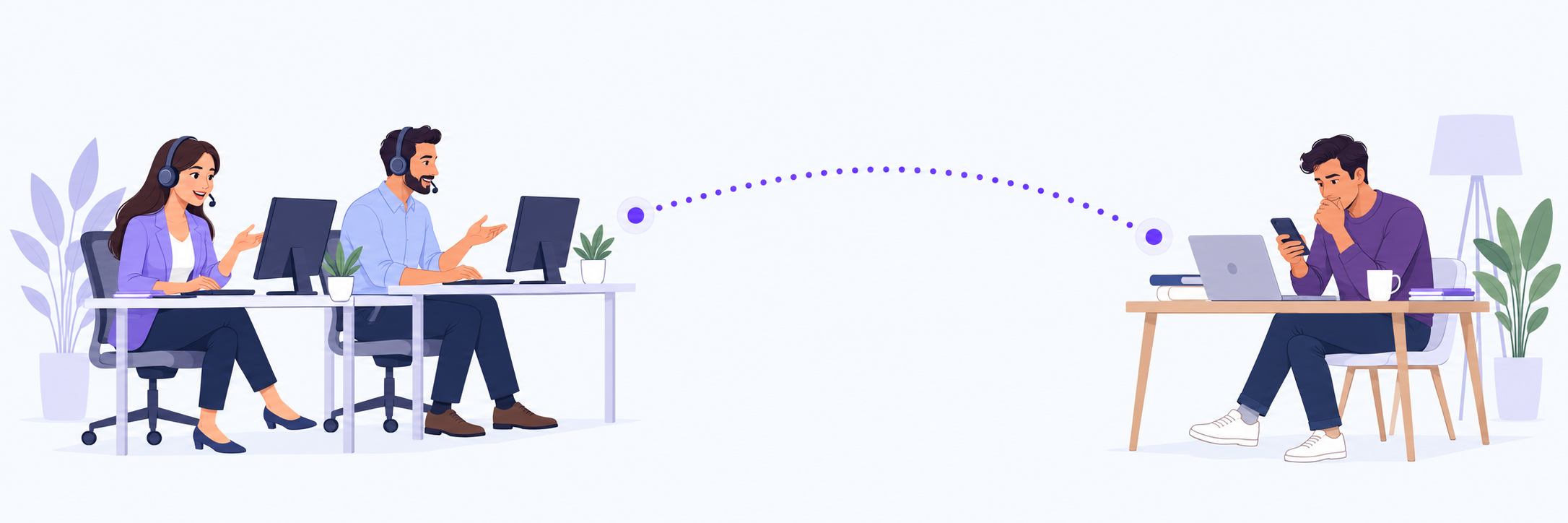 Editorial illustration of a sales team reaching a customer who is busy with their day